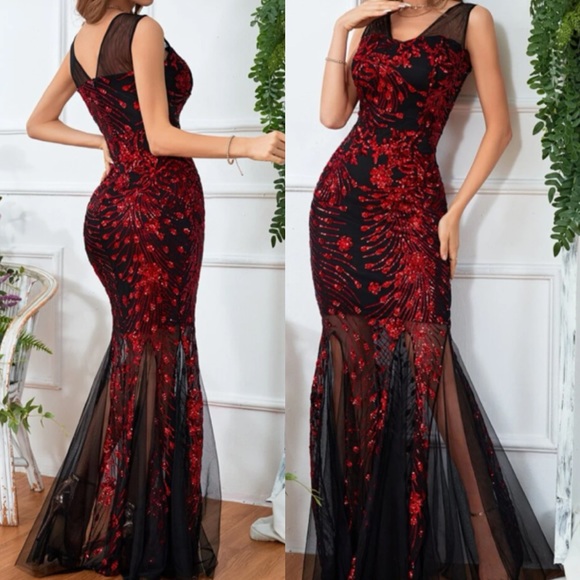 Luxurious sequins embroidered mesh evening party formal gown dress - Picture 3 of 11